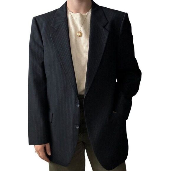 Vintage YSL Yves Saint Laurent Navy Blue Pin Stripe Wool Sport Coat Blazer 42R - Picture 5 of 11